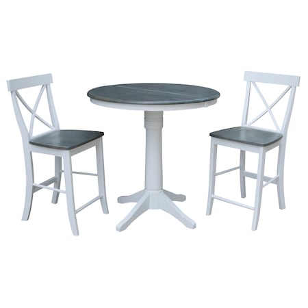 International Concepts Round 36 in Rd Extend Dining Table, 2 X-Back Stools, White/Heather Gray, 36 W, 48 L, 36.1 in H, Wood K05-36RXT-27B-S6132-2